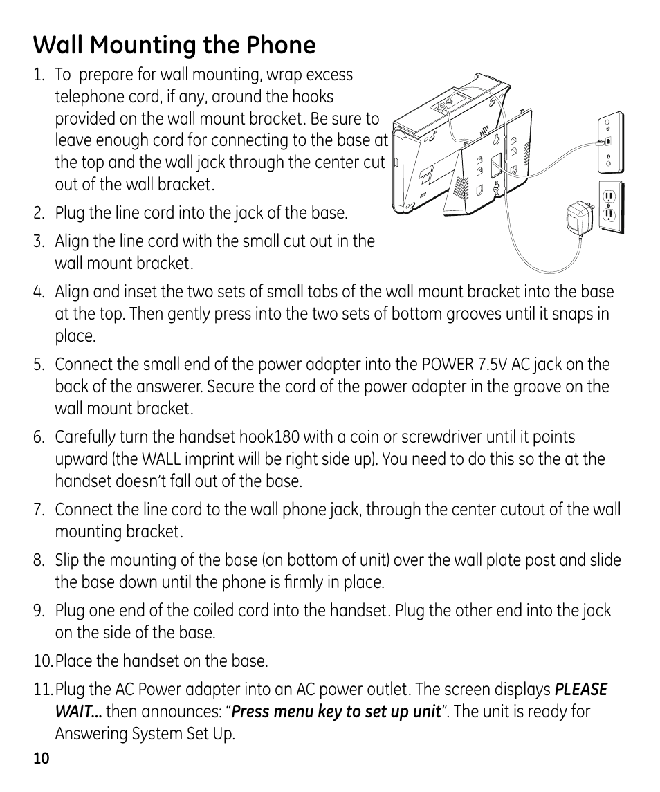 Wall mounting the phone | GE 00023598 User Manual | Page 10 / 80
