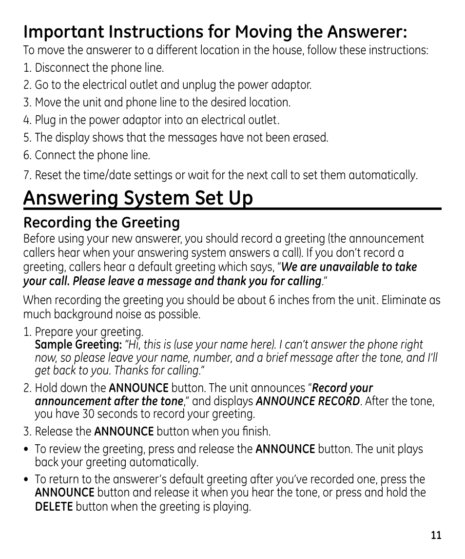 Answering system set up, Important instructions for moving the answerer, Recording the greeting | GE 00023598 User Manual | Page 11 / 80