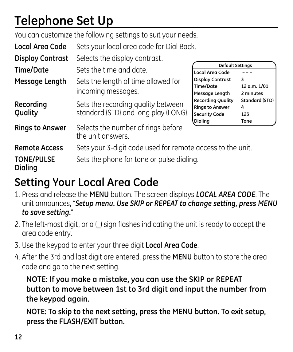 Telephone set up, Setting your local area code | GE 00023598 User Manual | Page 12 / 80