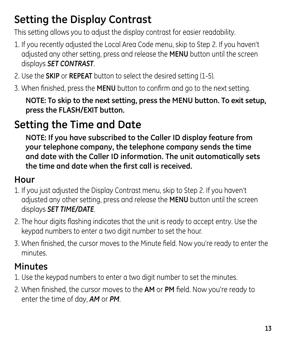 Setting the display contrast, Setting the time and date, Hour | Minutes | GE 00023598 User Manual | Page 13 / 80