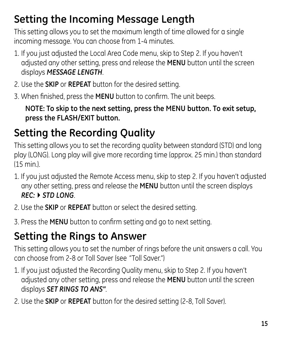 Setting the incoming message length, Setting the recording quality, Setting the rings to answer | GE 00023598 User Manual | Page 15 / 80
