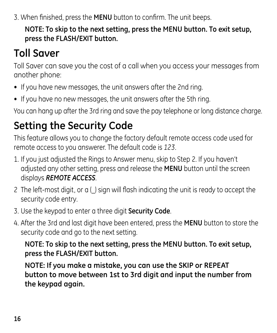 Toll saver, Setting the security code | GE 00023598 User Manual | Page 16 / 80