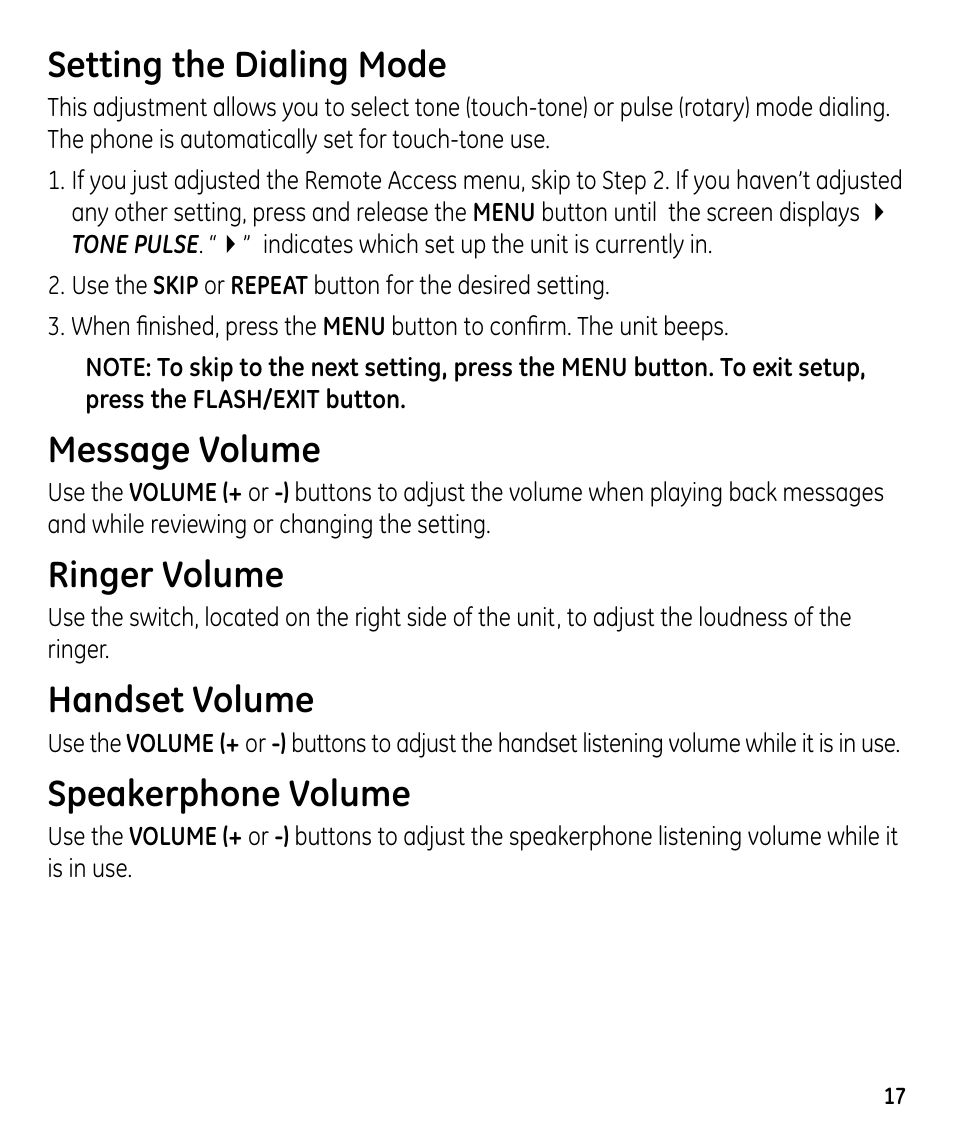 Setting the dialing mode, Message volume, Ringer volume | Handset volume, Speakerphone volume | GE 00023598 User Manual | Page 17 / 80