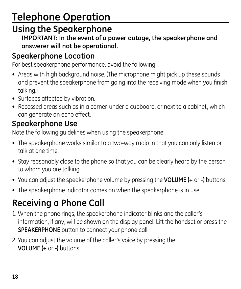 Telephone operation, Using the speakerphone, Receiving a phone call | GE 00023598 User Manual | Page 18 / 80
