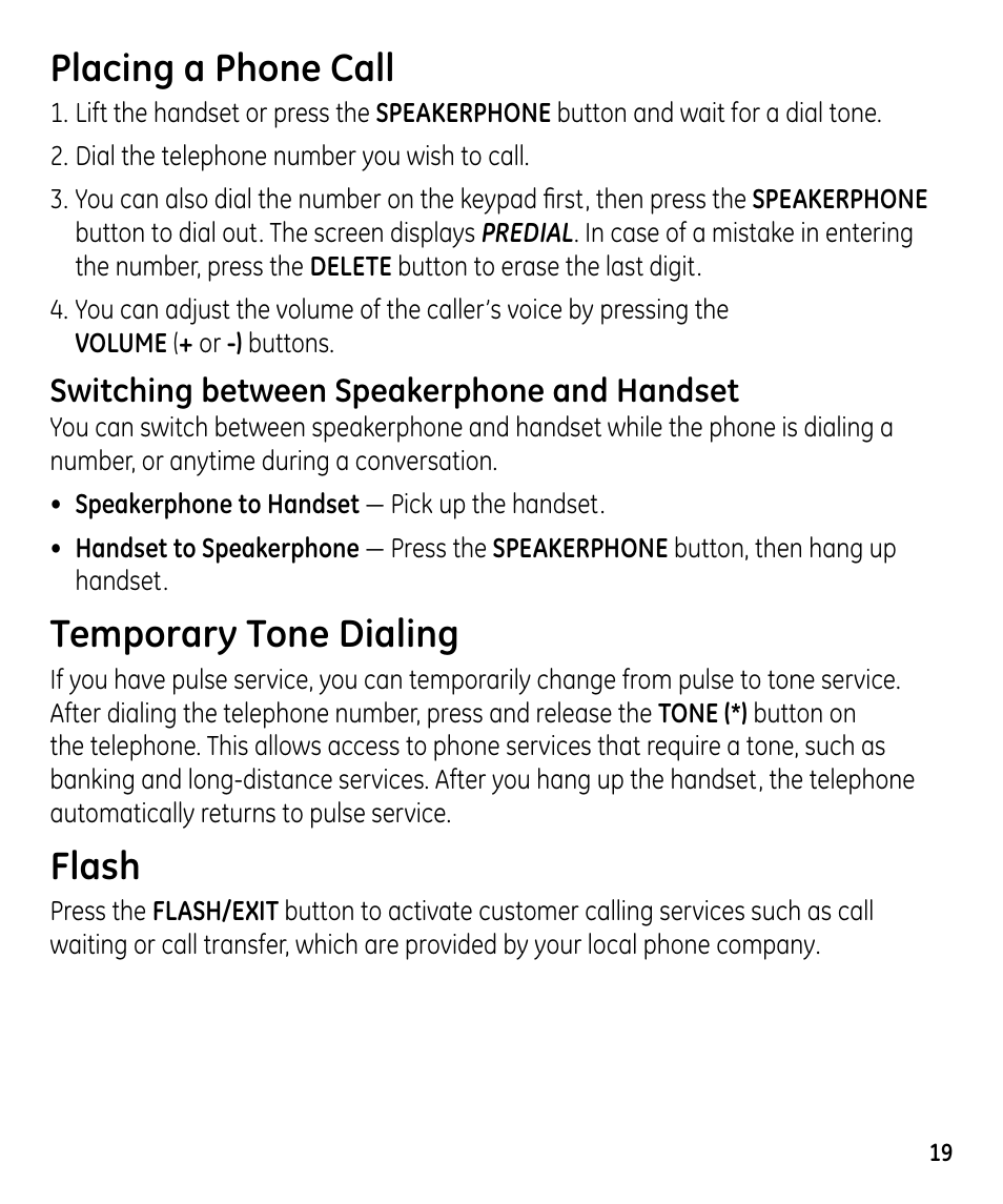 Placing a phone call, Temporary tone dialing, Flash | Switching between speakerphone and handset | GE 00023598 User Manual | Page 19 / 80