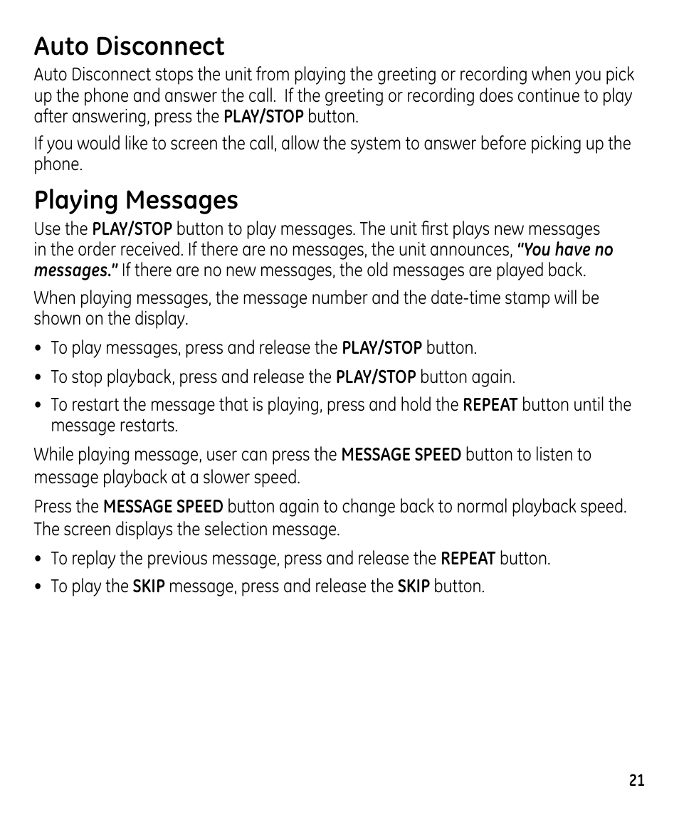 Auto disconnect, Playing messages | GE 00023598 User Manual | Page 21 / 80