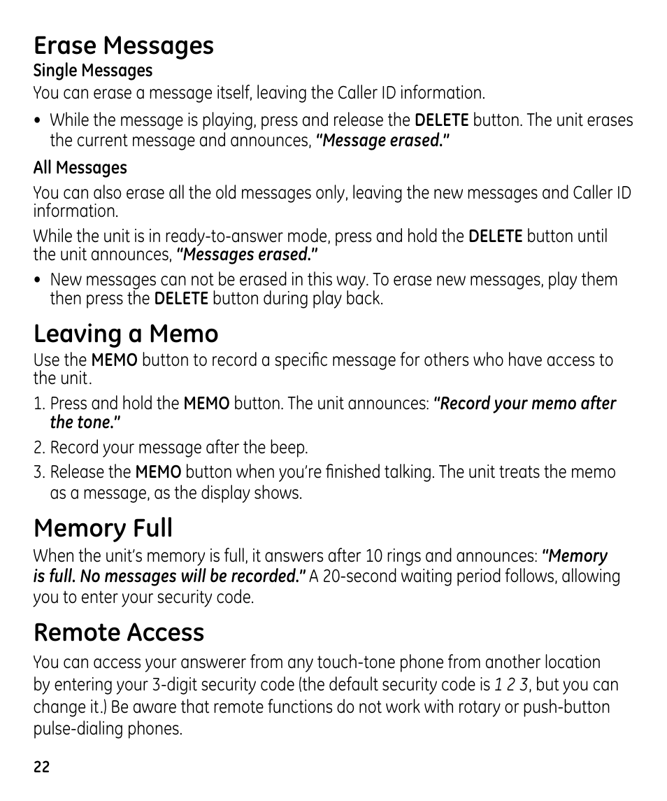 Erase messages, Remote access | GE 00023598 User Manual | Page 22 / 80