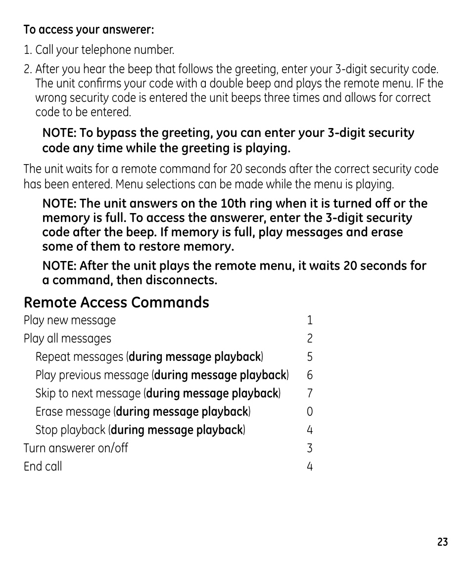 Remote access commands | GE 00023598 User Manual | Page 23 / 80