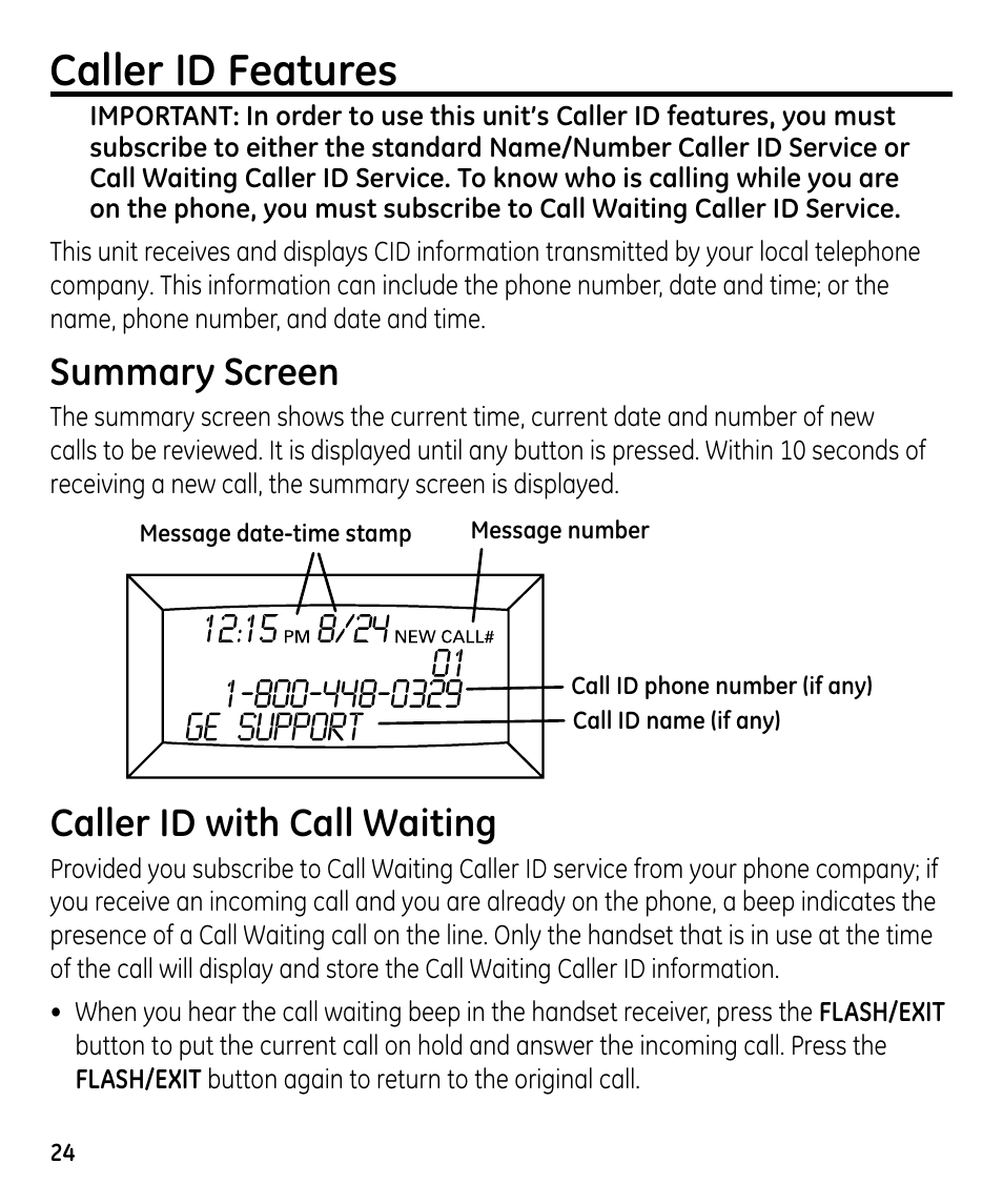 Caller id features, Summary screen, Caller id with call waiting | GE 00023598 User Manual | Page 24 / 80