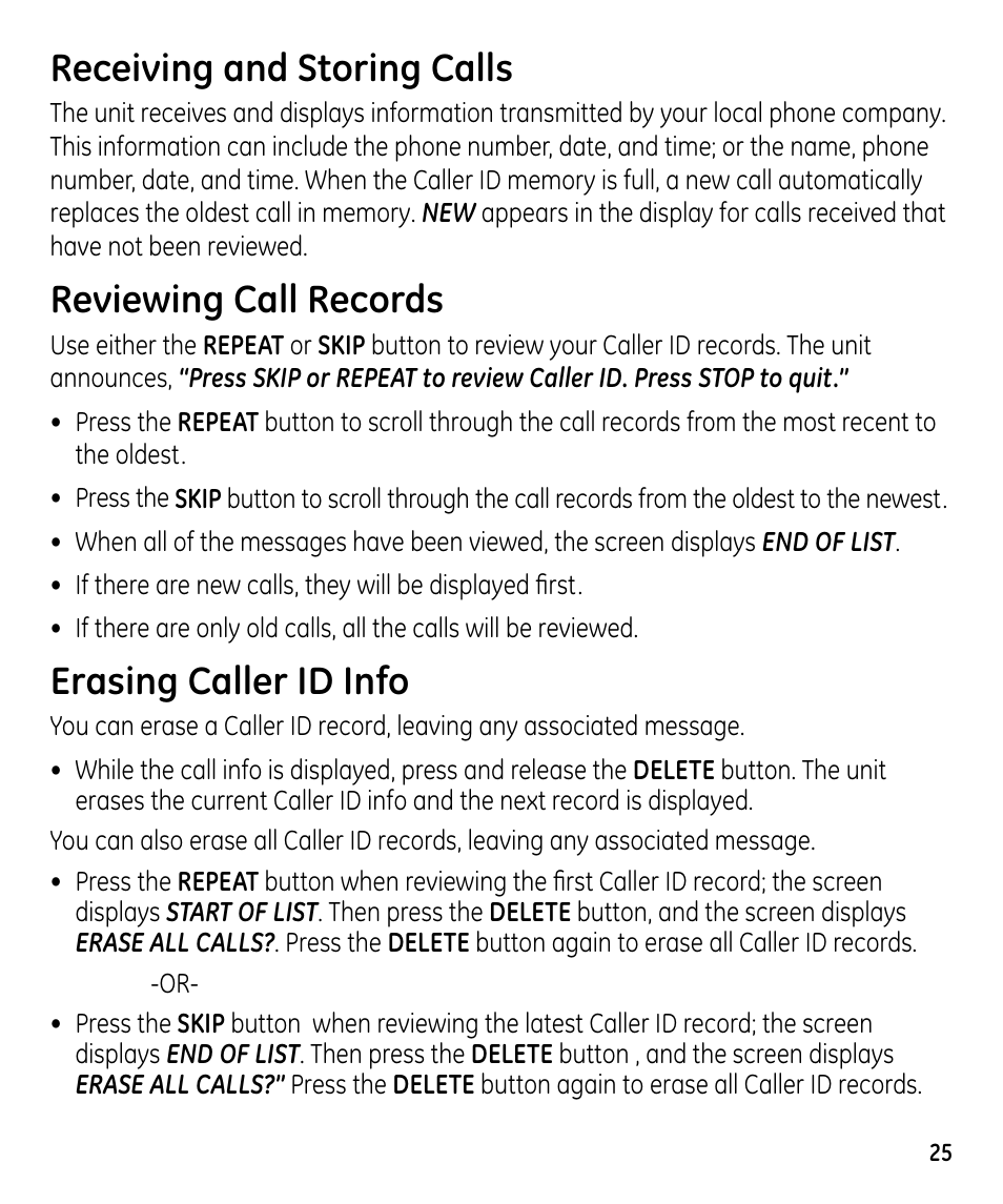 Receiving and storing calls, Reviewing call records, Erasing caller id info | GE 00023598 User Manual | Page 25 / 80