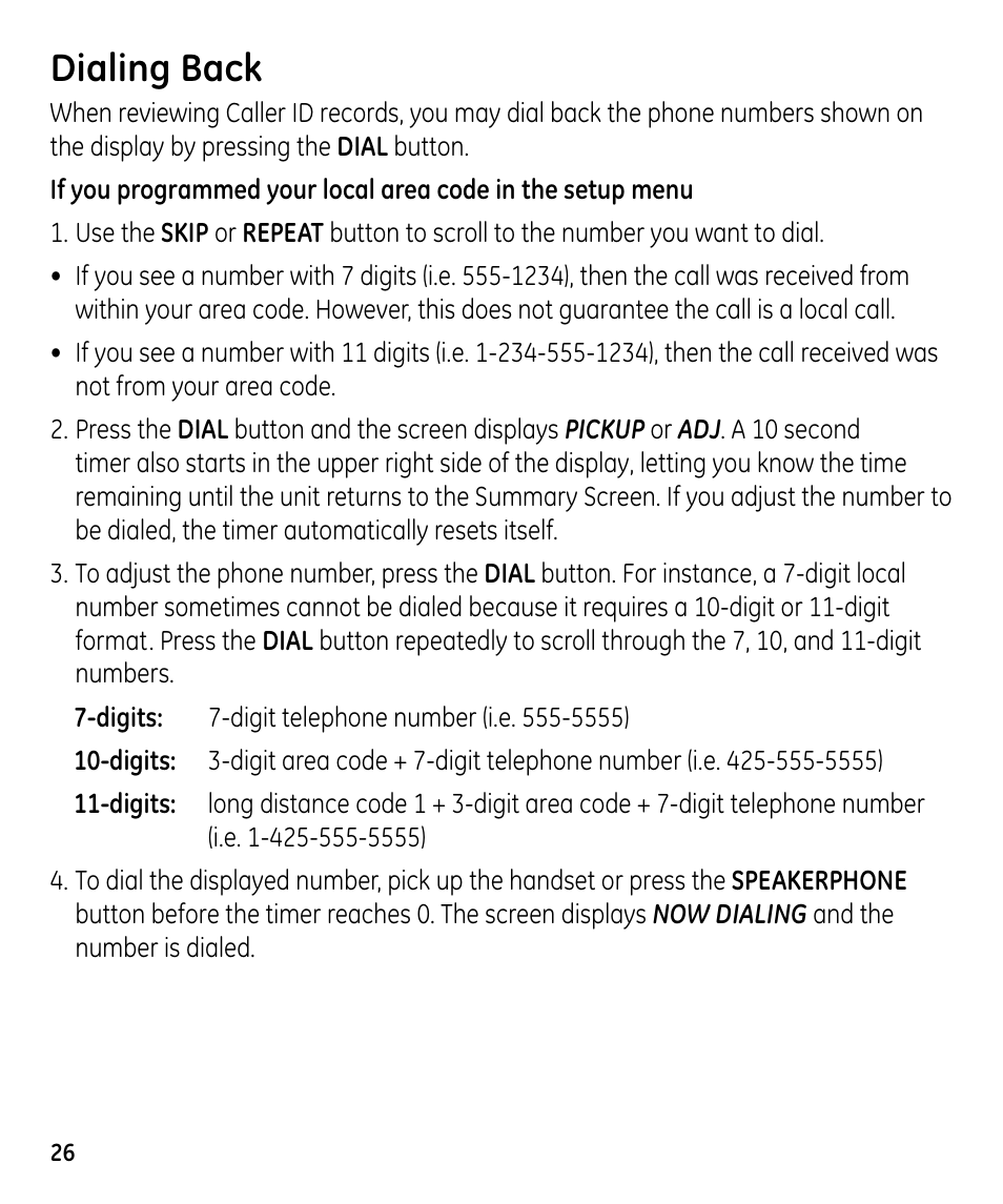 Dialing back | GE 00023598 User Manual | Page 26 / 80