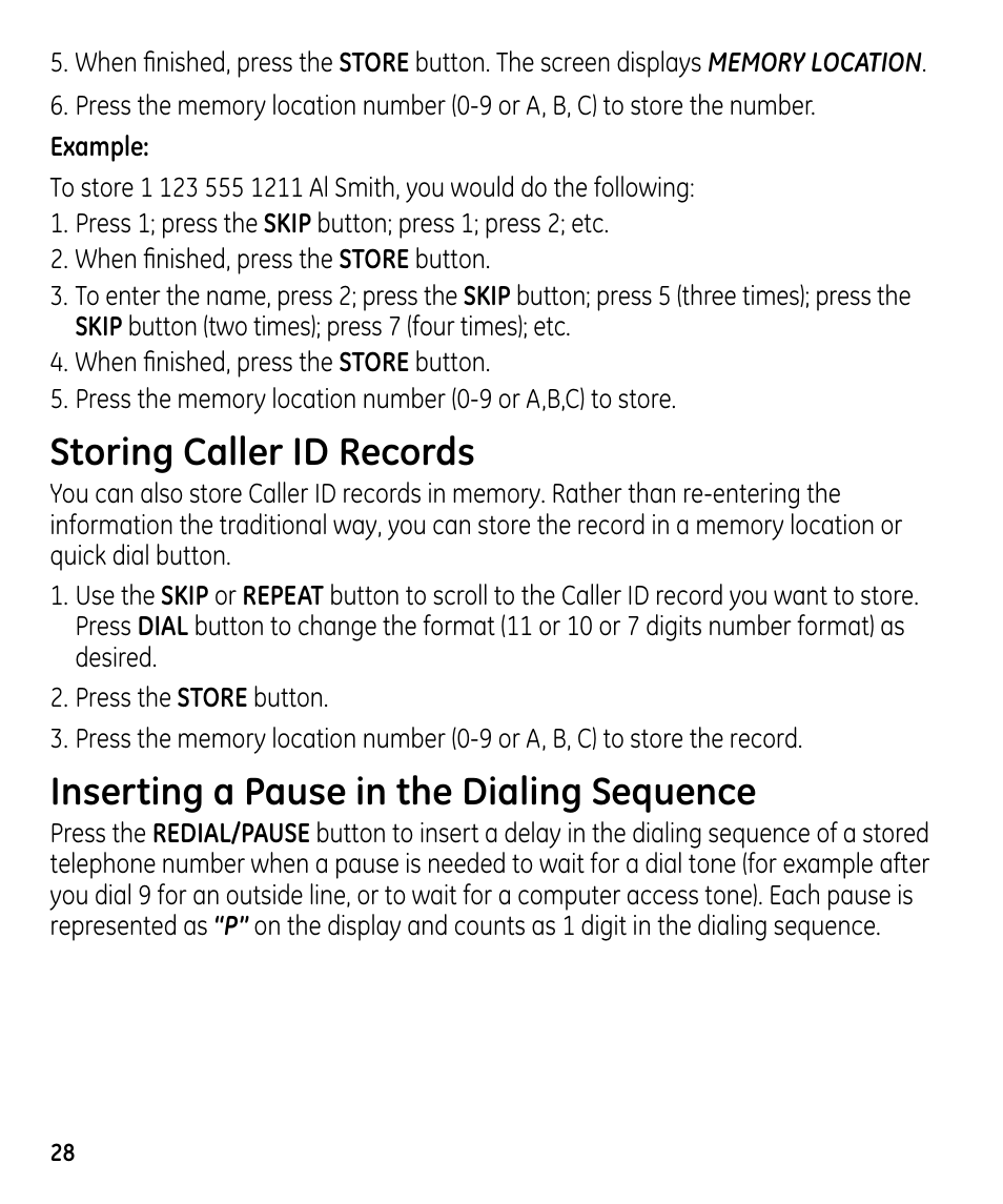 Storing caller id records, Inserting a pause in the dialing sequence | GE 00023598 User Manual | Page 28 / 80