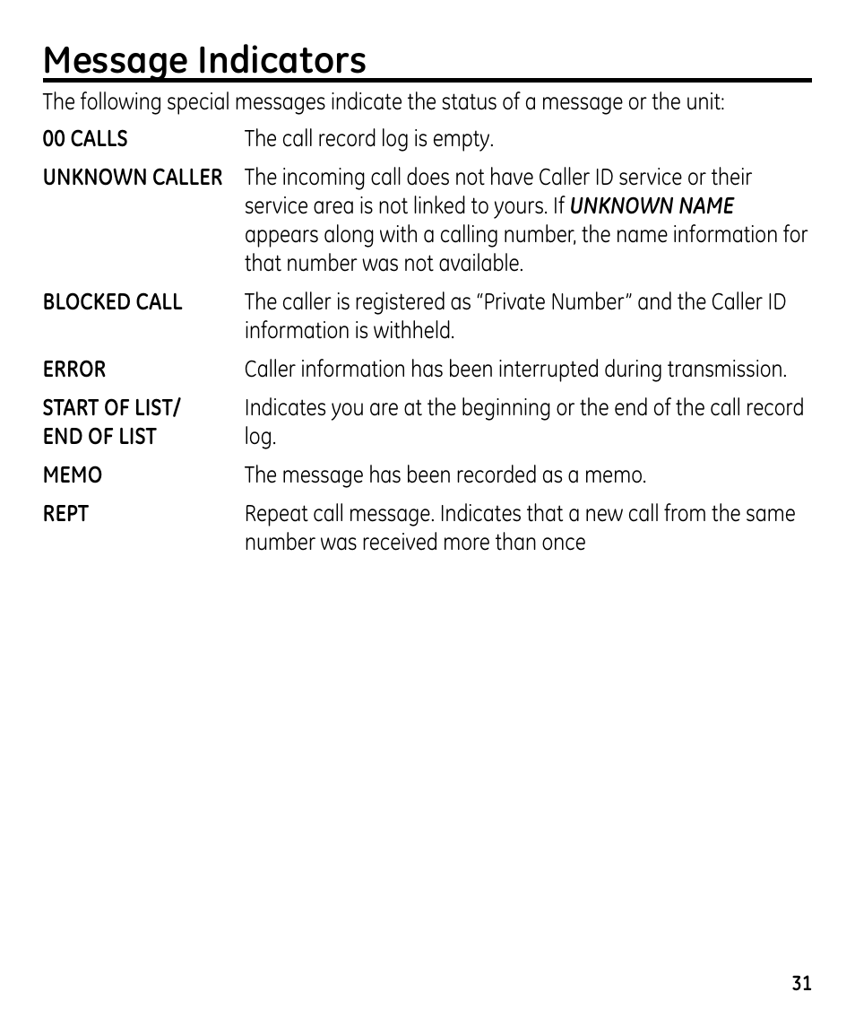 Message indicators | GE 00023598 User Manual | Page 31 / 80