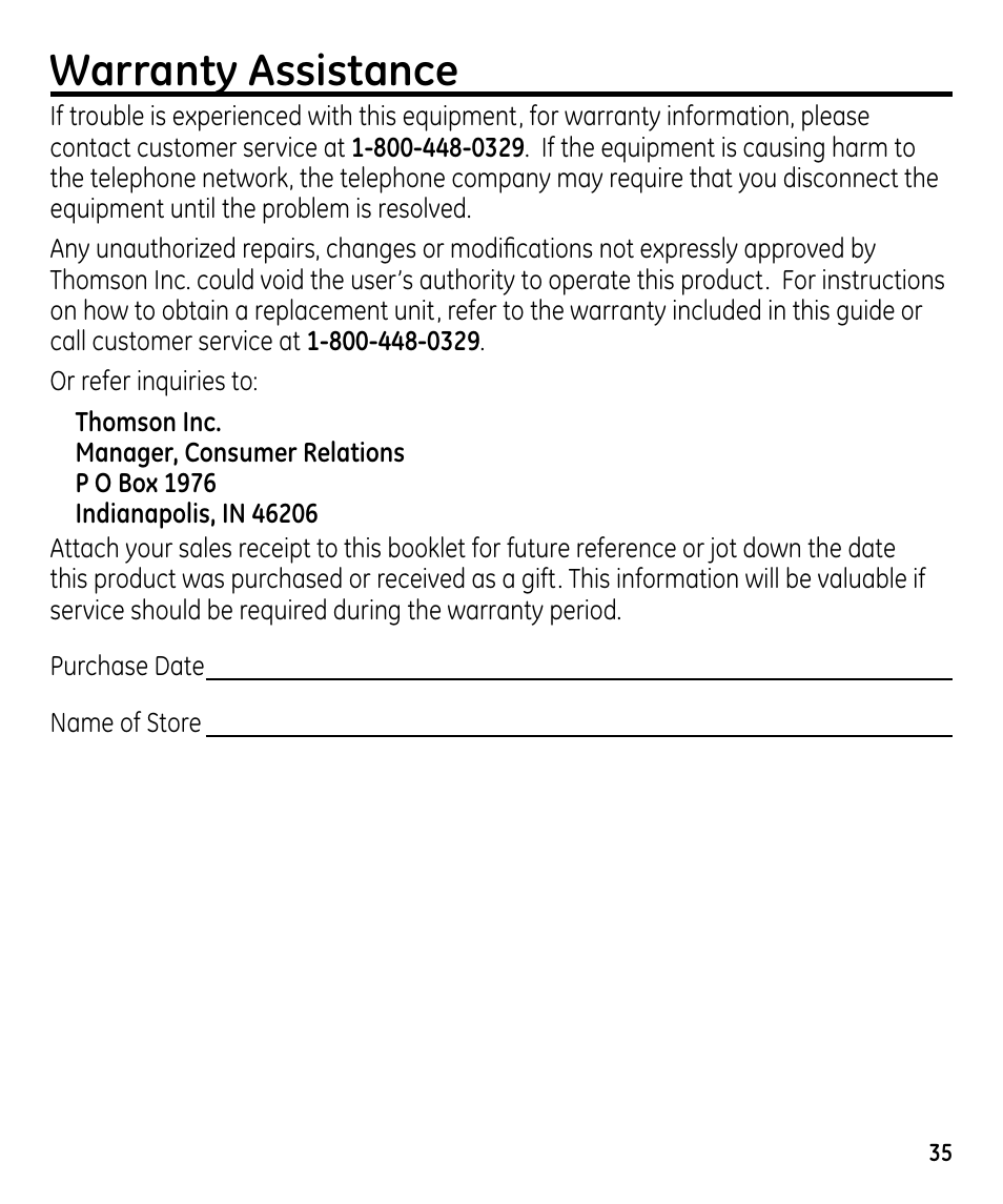 Warranty assistance | GE 00023598 User Manual | Page 35 / 80