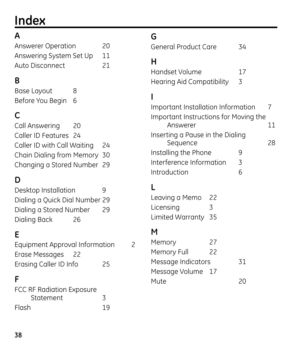 Index | GE 00023598 User Manual | Page 38 / 80