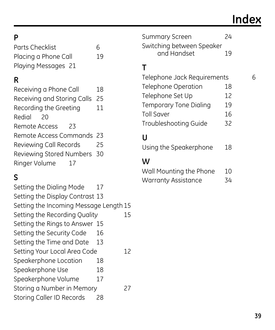 Index | GE 00023598 User Manual | Page 39 / 80