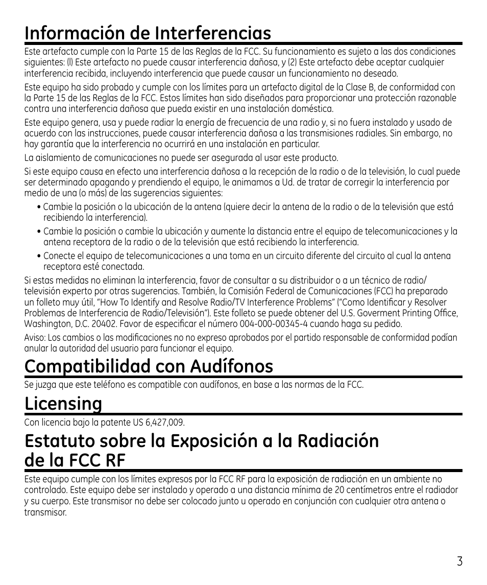Información de interferencias, Compatibilidad con audífonos, Licensing | GE 00023598 User Manual | Page 43 / 80