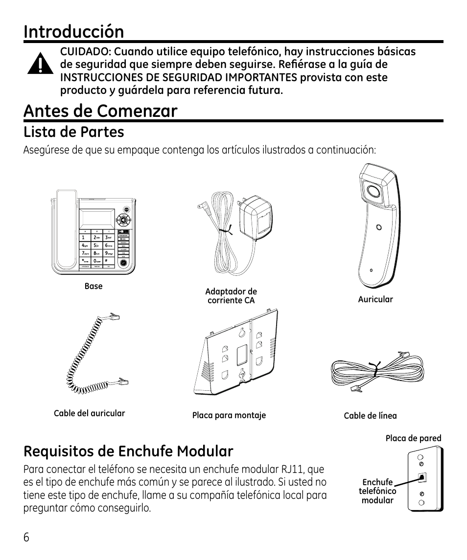 Introducción, Antes de comenzar, Lista de partes | Requisitos de enchufe modular | GE 00023598 User Manual | Page 46 / 80