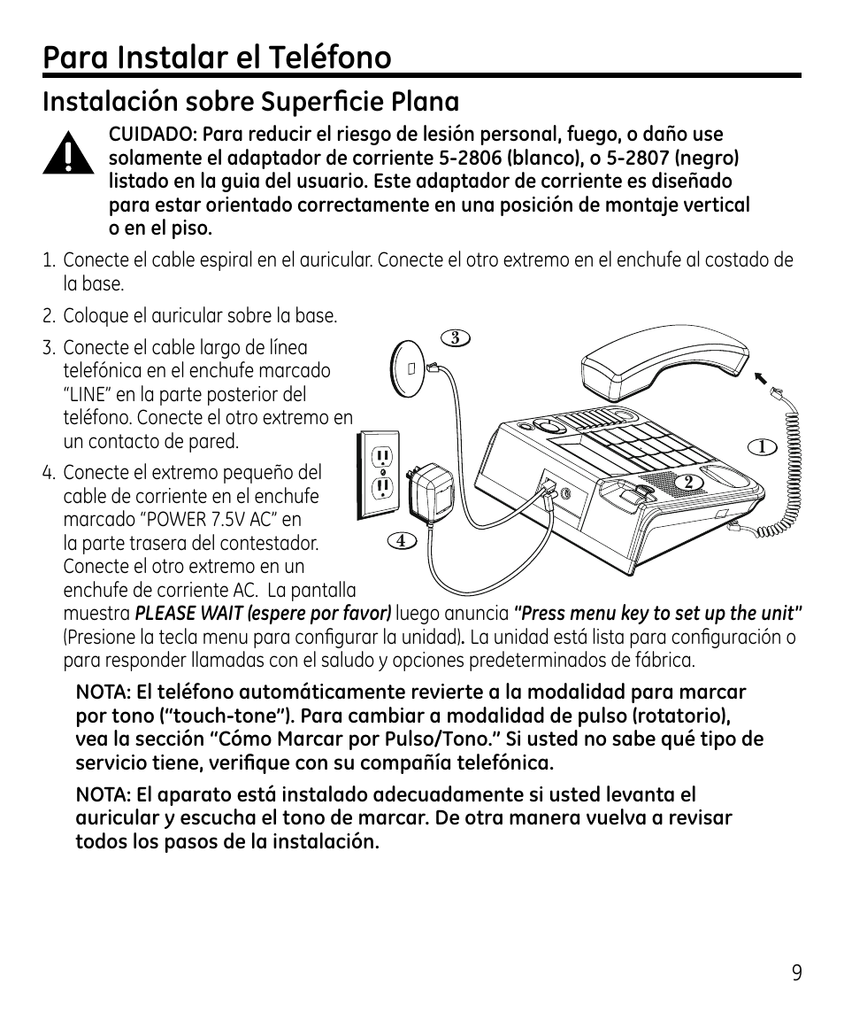 Para instalar el teléfono, Instalación sobre superficie plana | GE 00023598 User Manual | Page 49 / 80