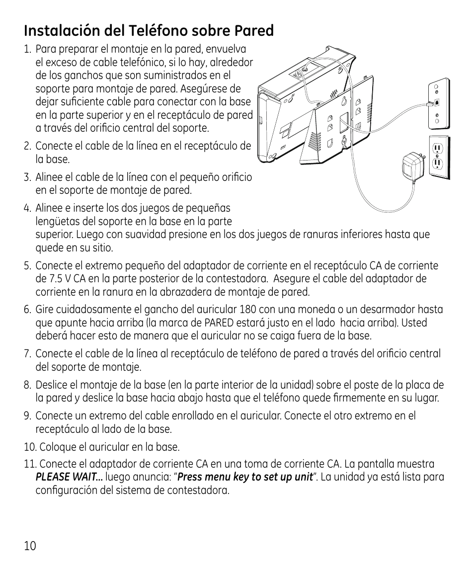 Instalación del teléfono sobre pared | GE 00023598 User Manual | Page 50 / 80