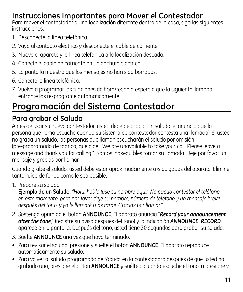 Programación del sistema contestador, Para grabar el saludo | GE 00023598 User Manual | Page 51 / 80