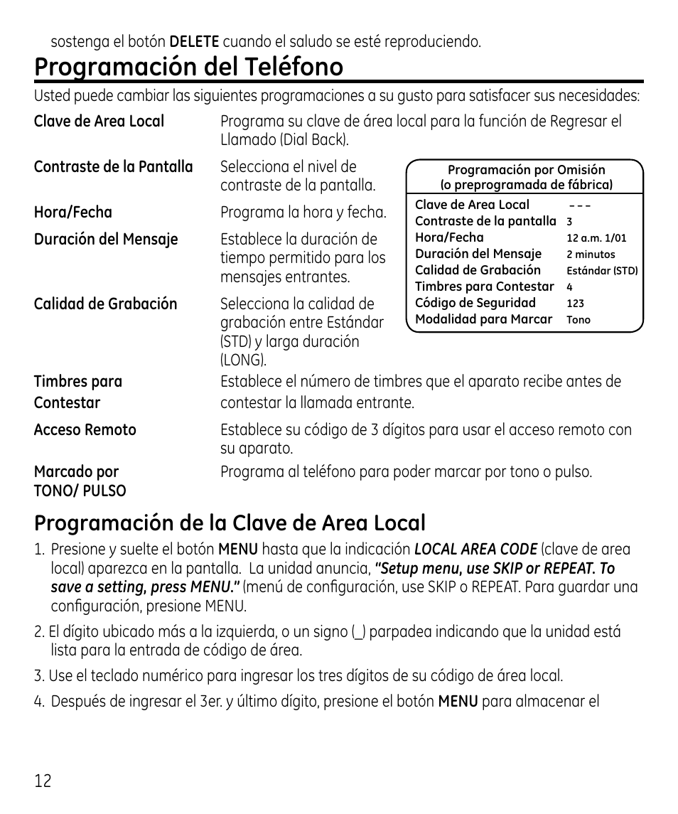 Programación del teléfono, Programación de la clave de area local | GE 00023598 User Manual | Page 52 / 80