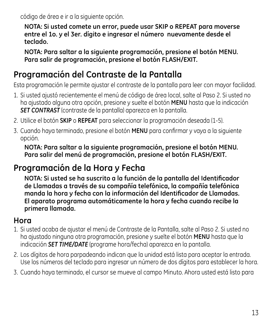 Programación del contraste de la pantalla, Programación de la hora y fecha, Hora | GE 00023598 User Manual | Page 53 / 80