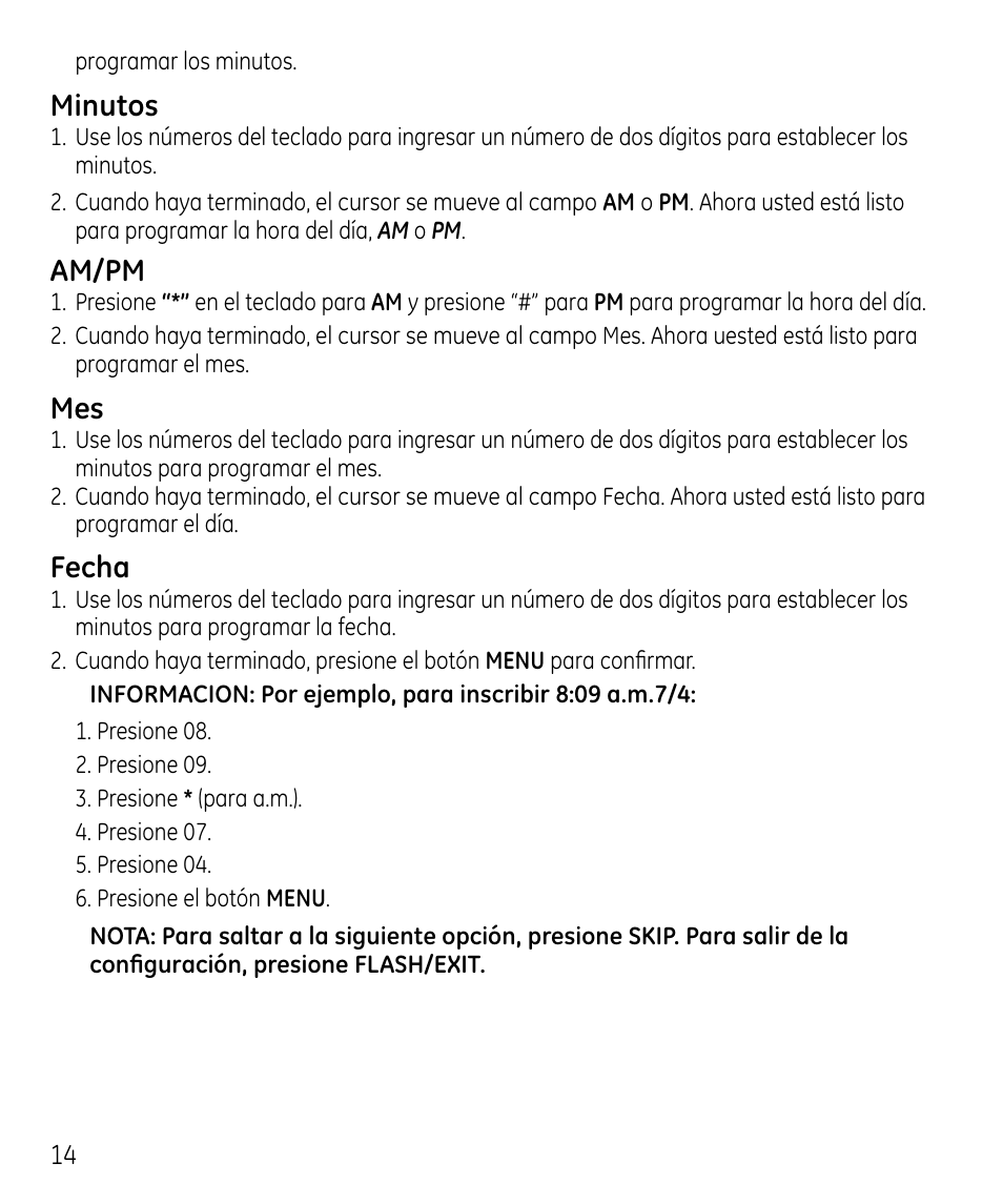 Minutos, Am/pm, Fecha | GE 00023598 User Manual | Page 54 / 80