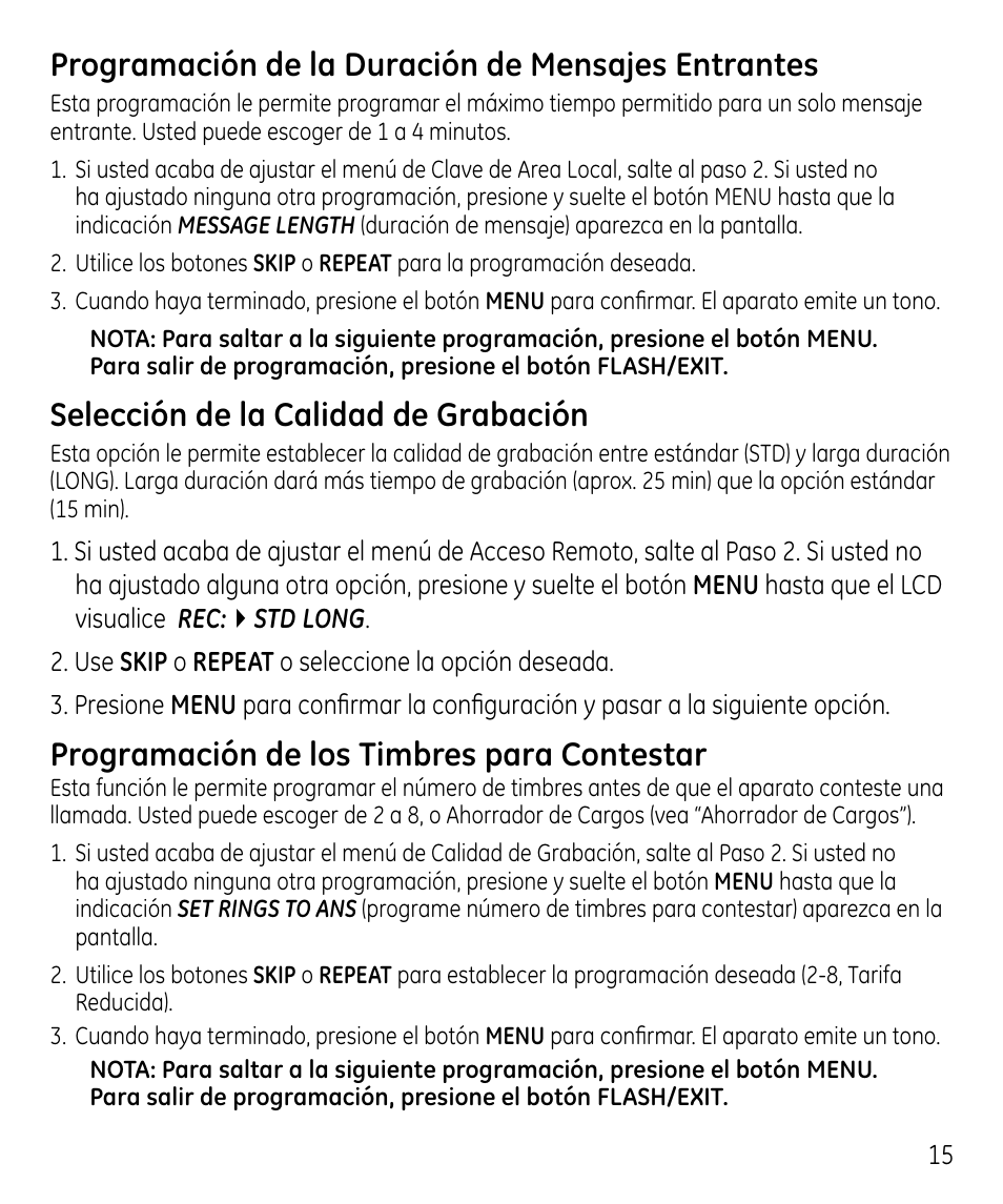 Programación de la duración de mensajes entrantes, Selección de la calidad de grabación, Programación de los timbres para contestar | GE 00023598 User Manual | Page 55 / 80