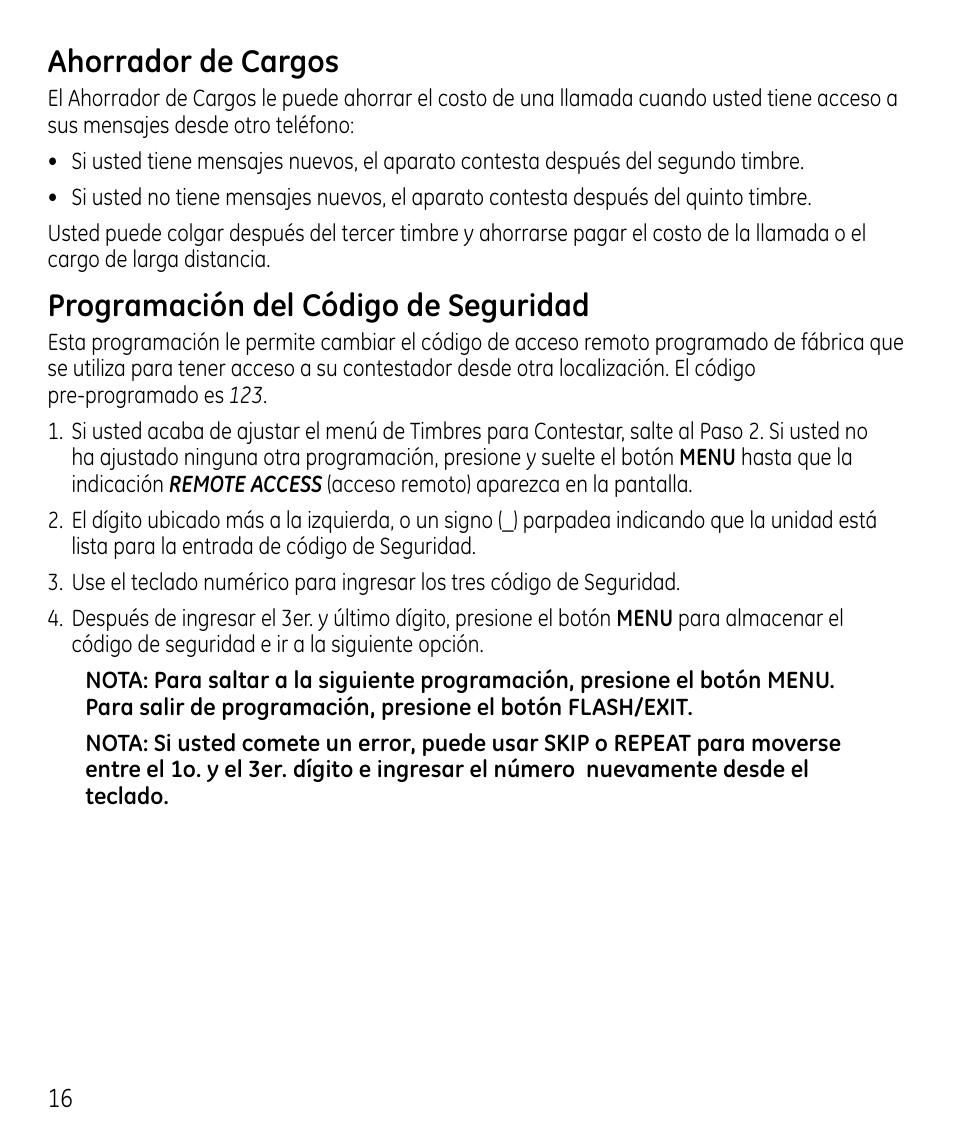 Ahorrador de cargos, Programación del código de seguridad | GE 00023598 User Manual | Page 56 / 80