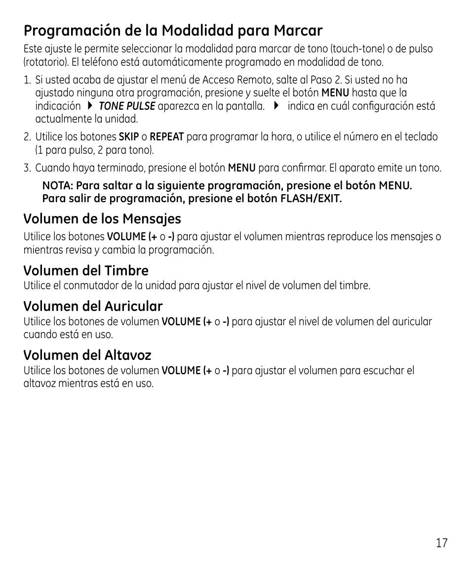 Programación de la modalidad para marcar, Volumen de los mensajes, Volumen del timbre | Volumen del auricular, Volumen del altavoz | GE 00023598 User Manual | Page 57 / 80