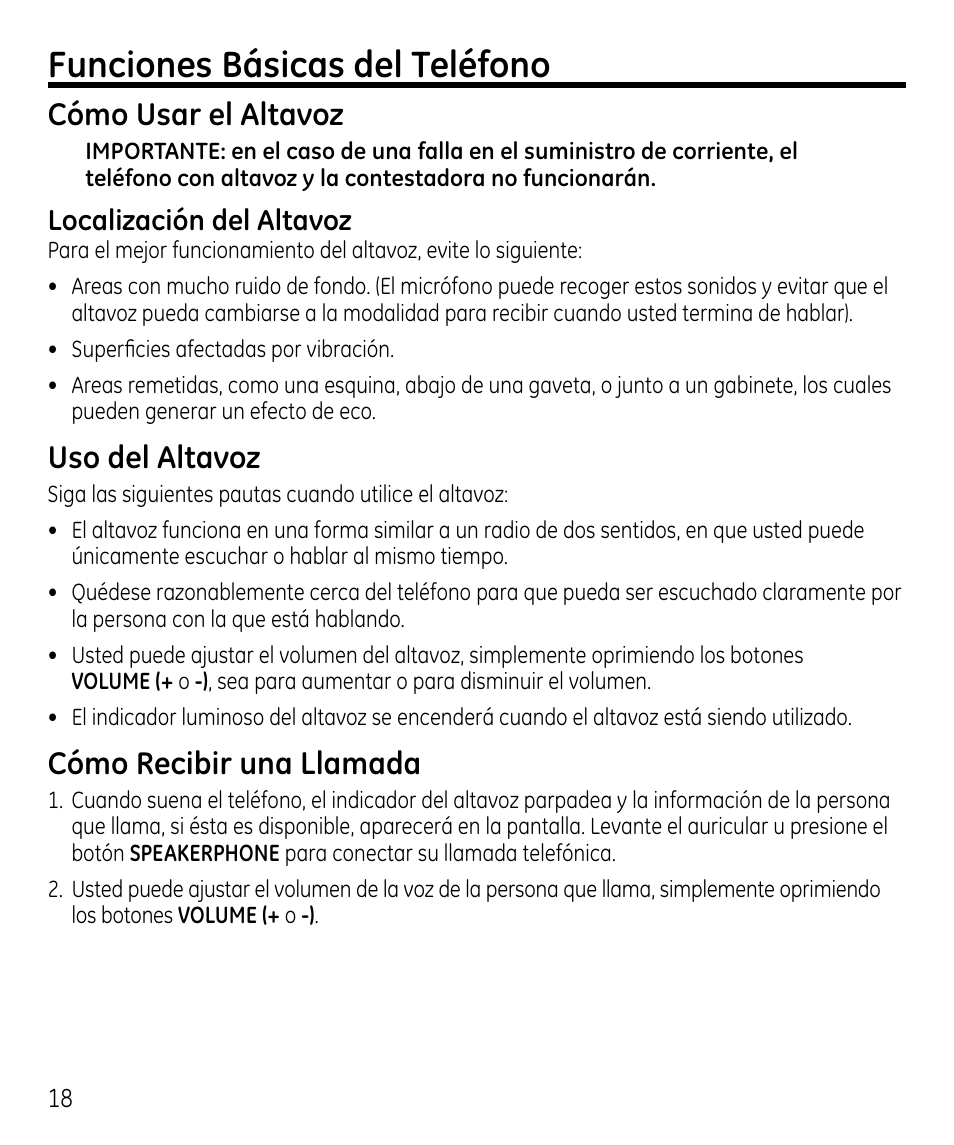 Funciones básicas del teléfono, Cómo usar el altavoz, Uso del altavoz | Cómo recibir una llamada, Localización del altavoz | GE 00023598 User Manual | Page 58 / 80