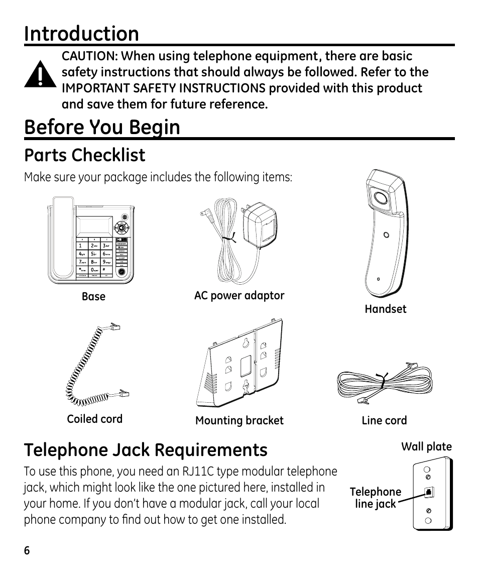 Introduction, Before you begin, Parts checklist | Telephone jack requirements | GE 00023598 User Manual | Page 6 / 80