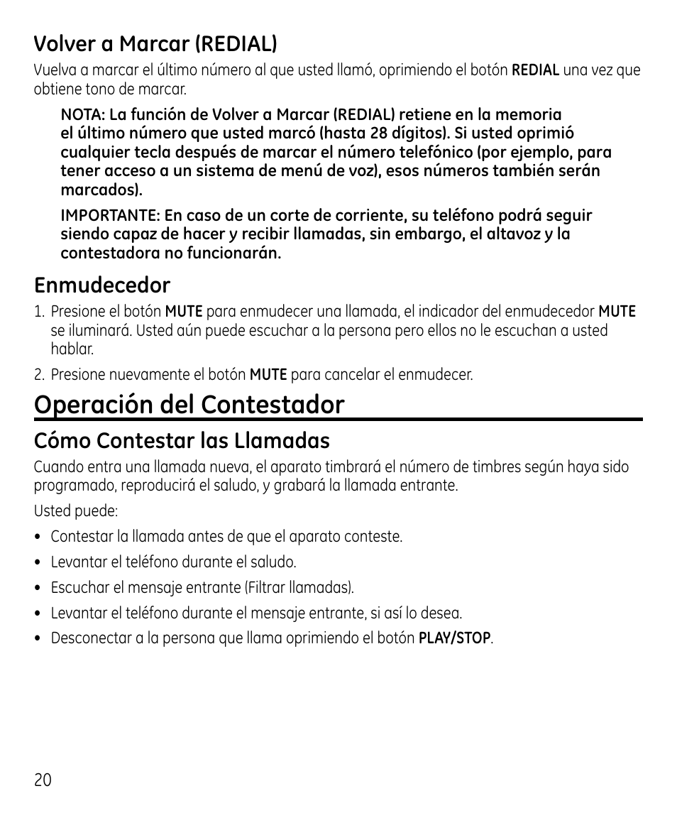 Operación del contestador, Volver a marcar (redial), Enmudecedor | Cómo contestar las llamadas | GE 00023598 User Manual | Page 60 / 80