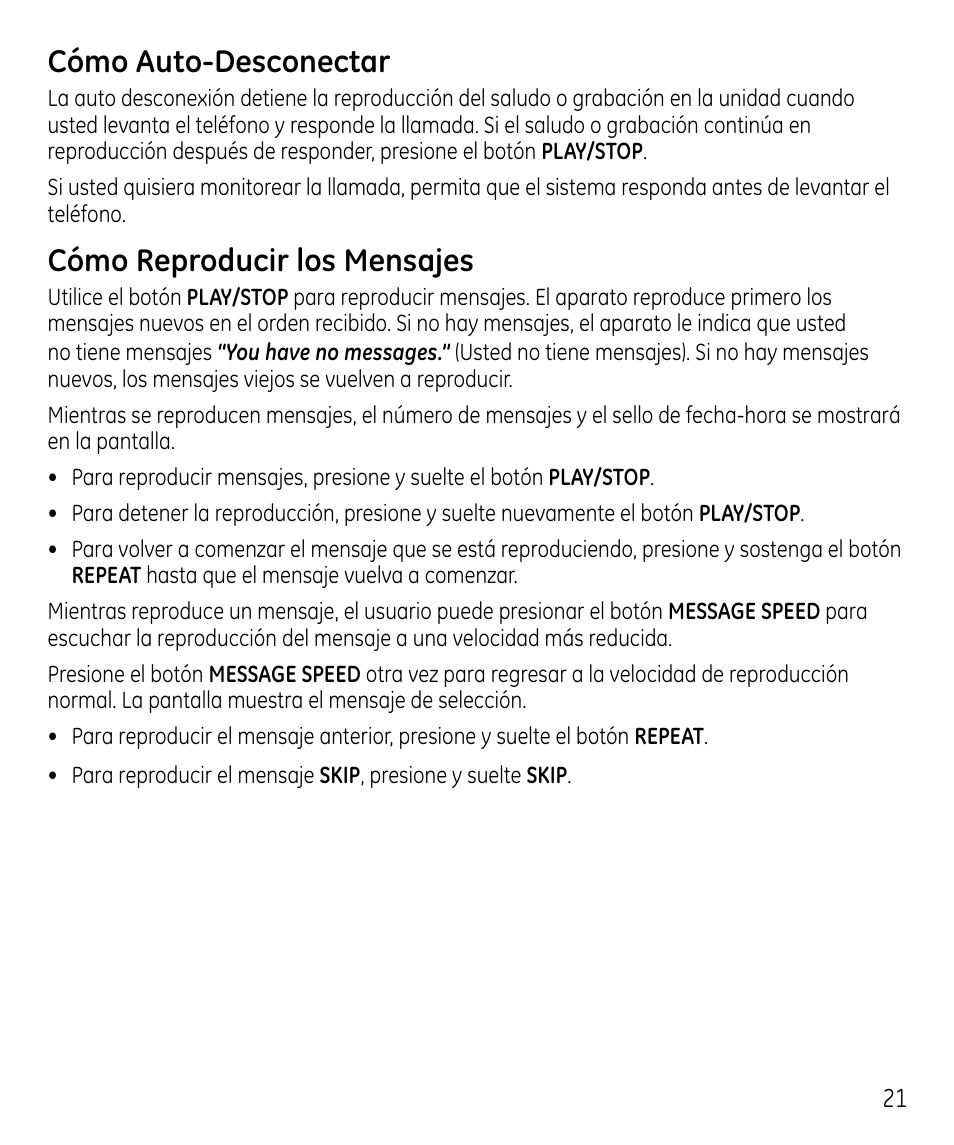 Cómo auto-desconectar, Cómo reproducir los mensajes | GE 00023598 User Manual | Page 61 / 80