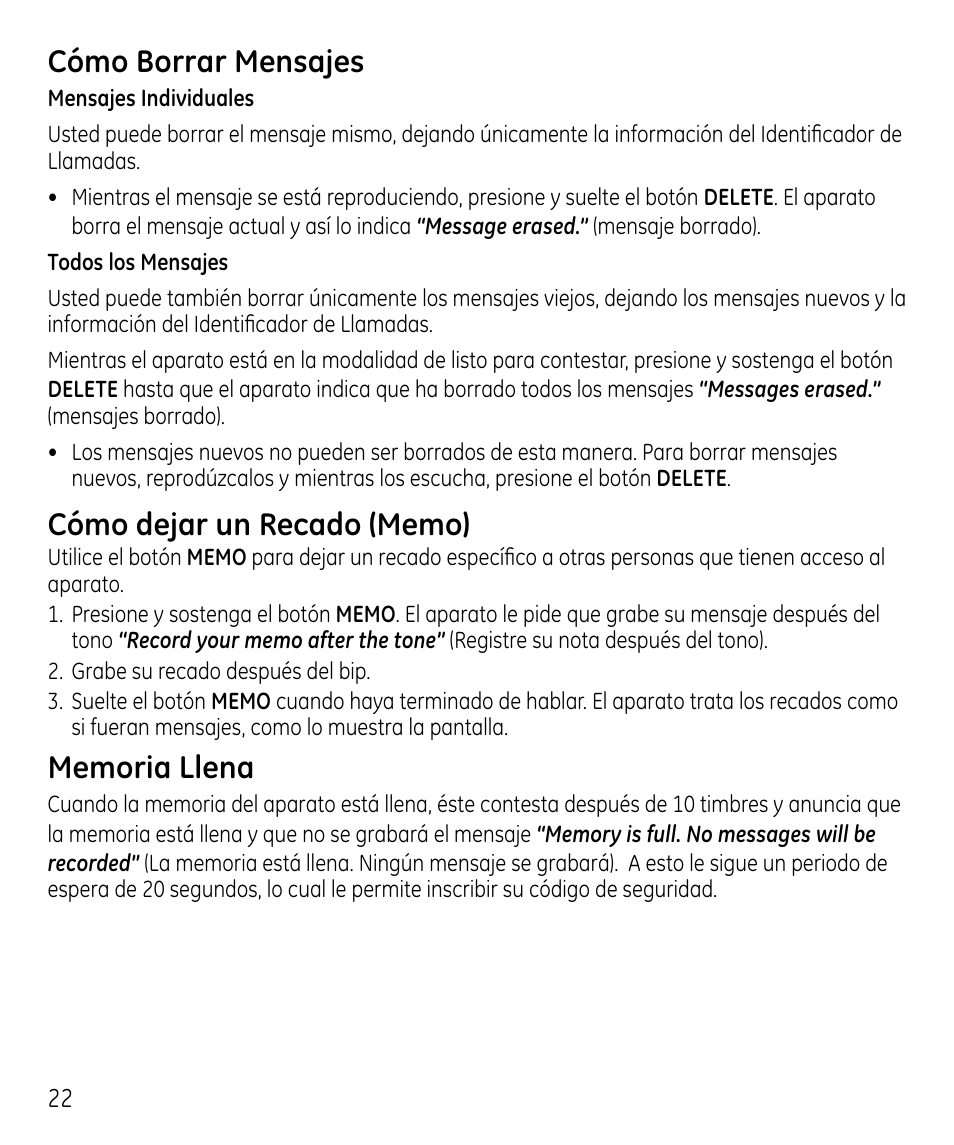Cómo borrar mensajes | GE 00023598 User Manual | Page 62 / 80