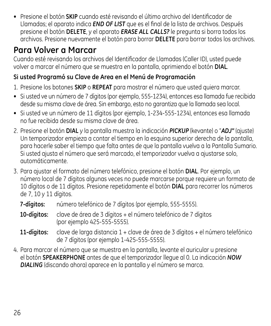 Para volver a marcar | GE 00023598 User Manual | Page 66 / 80