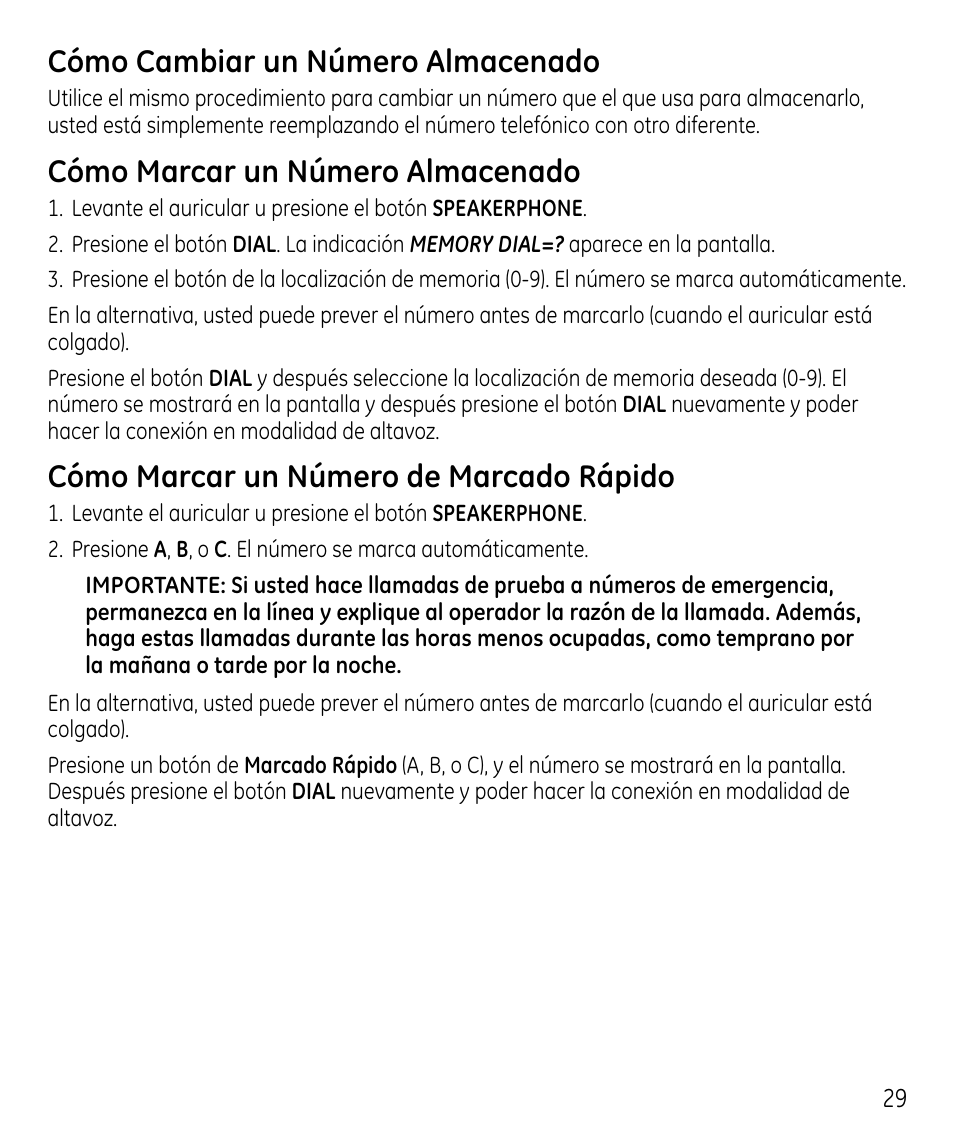 Cómo cambiar un número almacenado, Cómo marcar un número almacenado, Cómo marcar un número de marcado rápido | GE 00023598 User Manual | Page 69 / 80