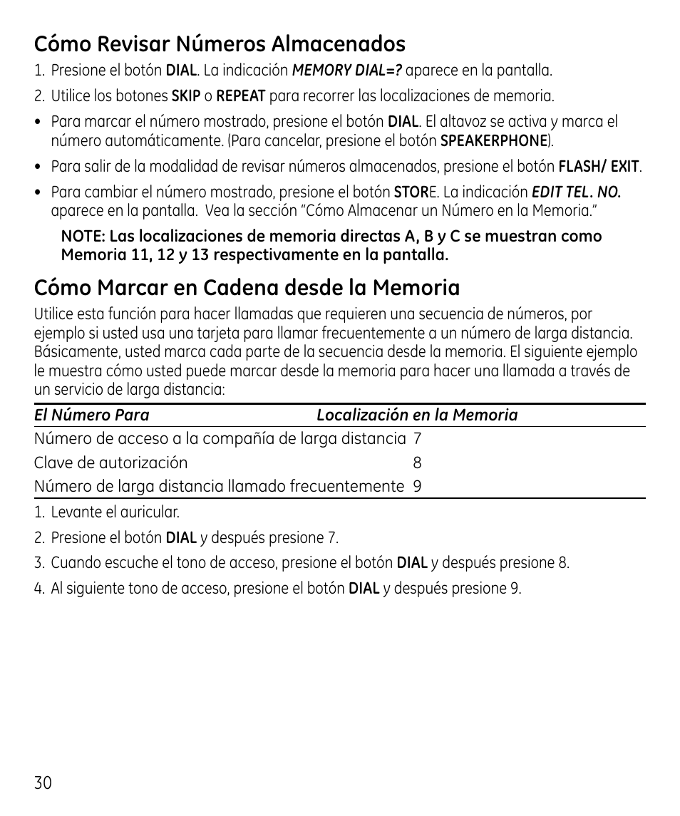 Cómo revisar números almacenados | GE 00023598 User Manual | Page 70 / 80