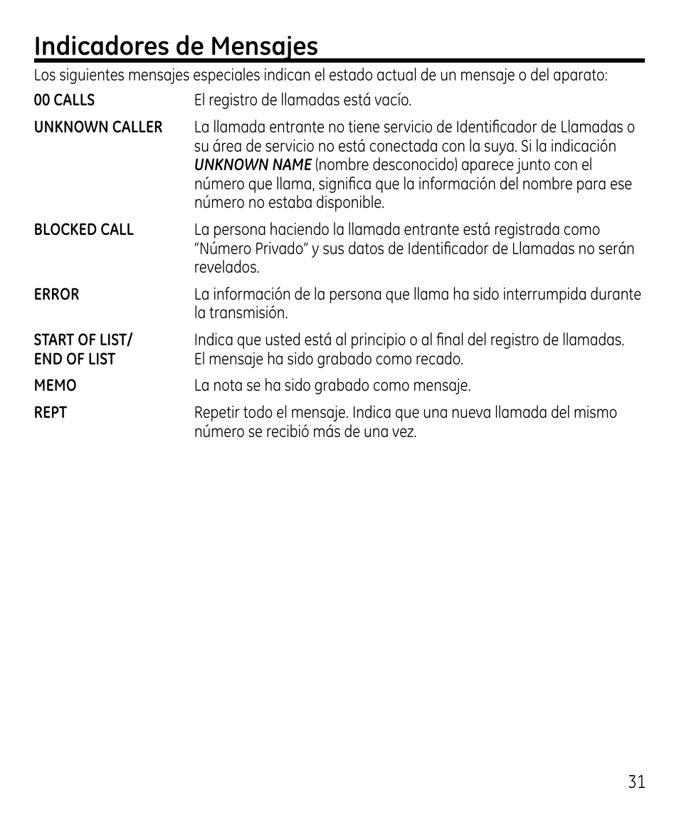 Indicadores de mensajes | GE 00023598 User Manual | Page 71 / 80