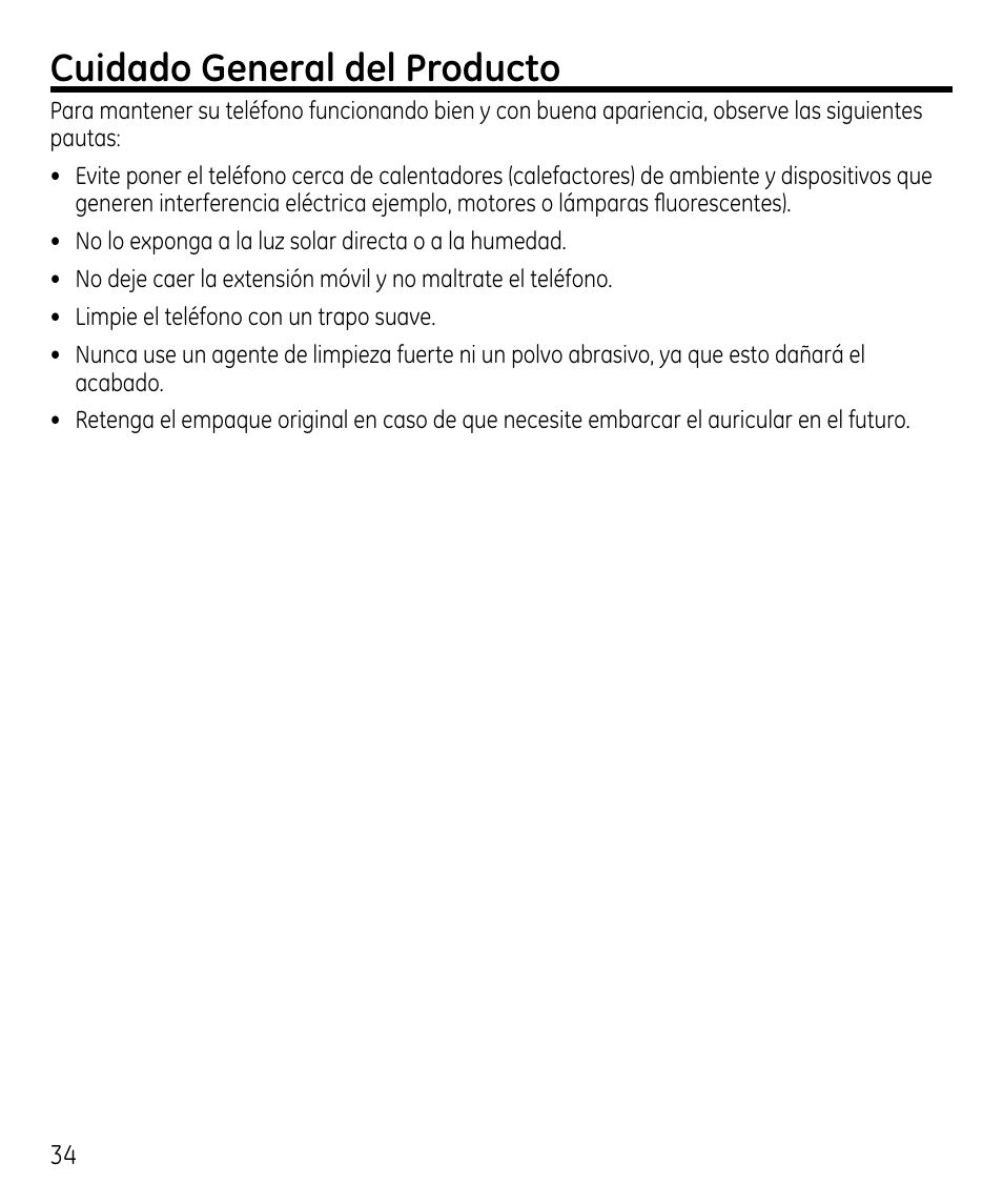 Cuidado general del producto | GE 00023598 User Manual | Page 74 / 80