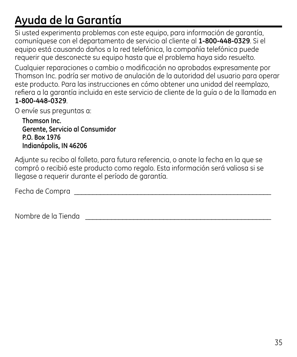 Ayuda de la garantía | GE 00023598 User Manual | Page 75 / 80