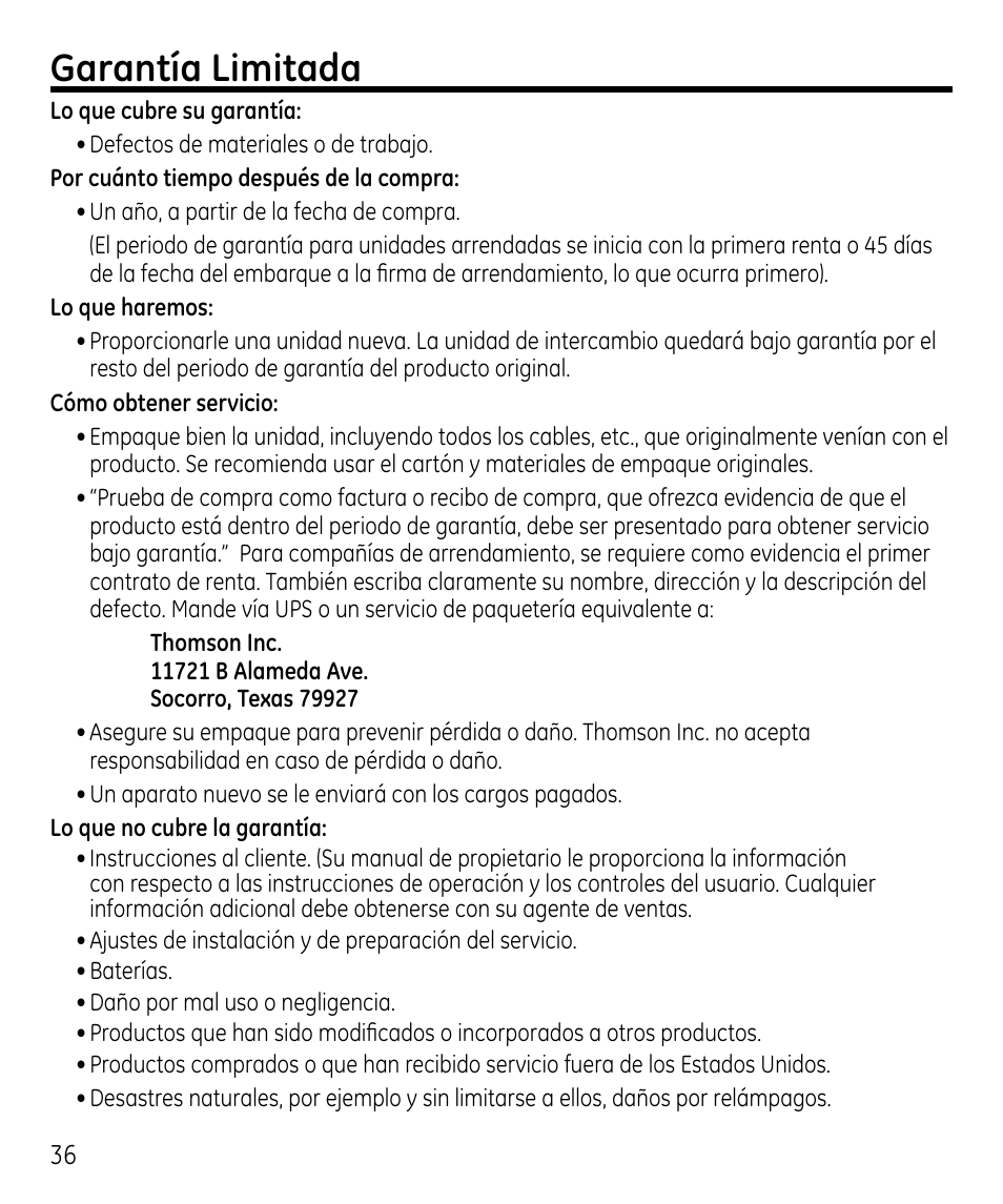 Garantía limitada | GE 00023598 User Manual | Page 76 / 80