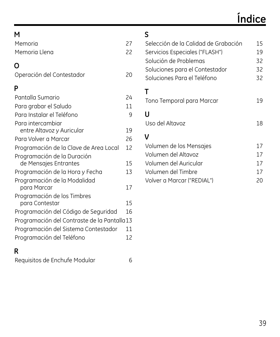 Índice, 39 m | GE 00023598 User Manual | Page 79 / 80