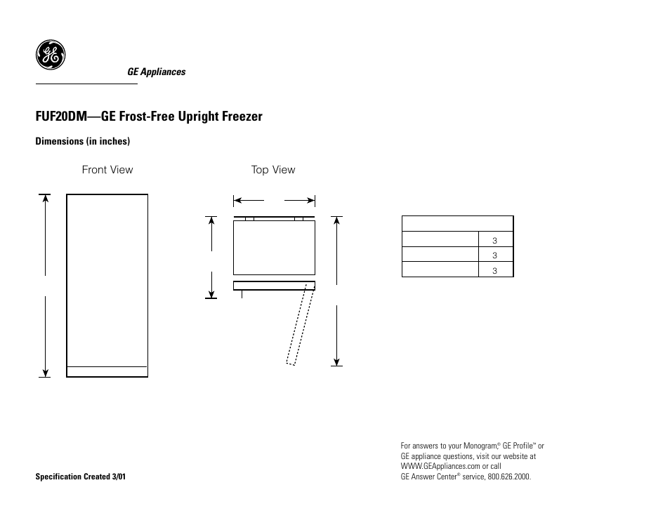 GE FUF20DMRWH User Manual | 2 pages