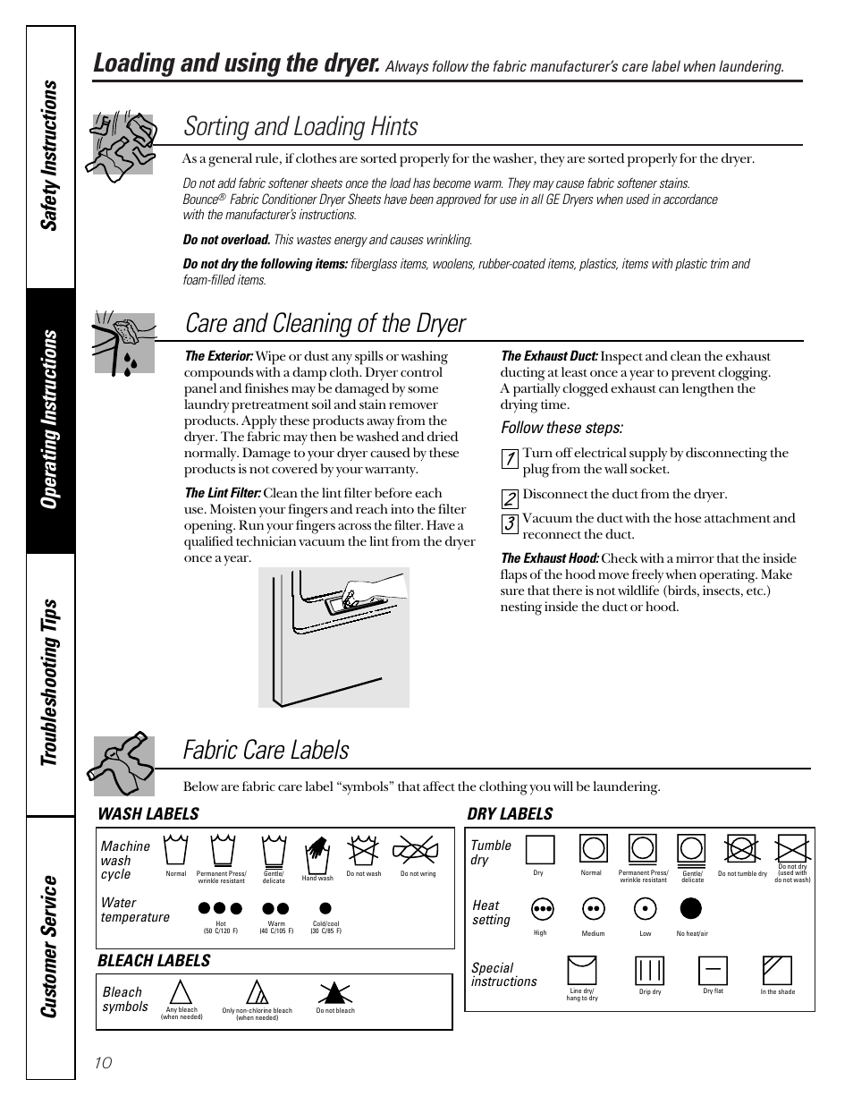 Loading and using the dryer, Sorting and loading hints, Fabric care labels | Care and cleaning of the dryer, Follow these steps, Wash labels dry labels bleach labels | GE 485 User Manual | Page 10 / 20