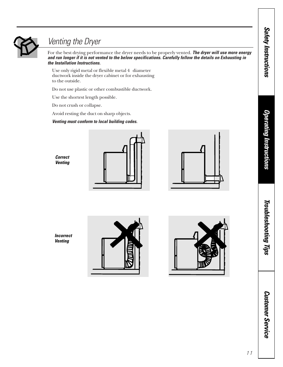 Venting the dryer | GE 485 User Manual | Page 11 / 20