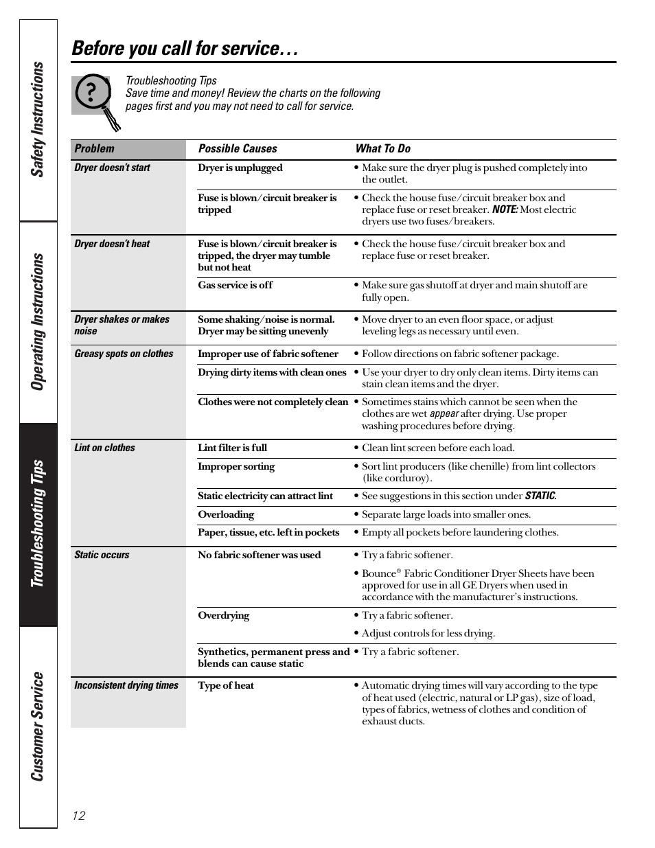 Before you call for service, Before you call for service , 13 | GE 485 User Manual | Page 12 / 20