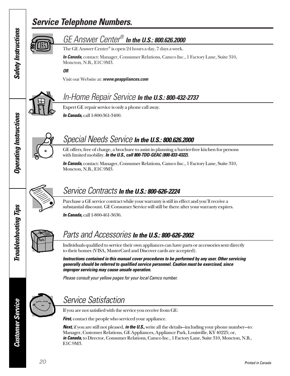 Service telephone numbers, Service telephone numbers. ge answer center, In-home repair service | Special needs service, Service contracts, Parts and accessories, Service satisfaction | GE 485 User Manual | Page 20 / 20