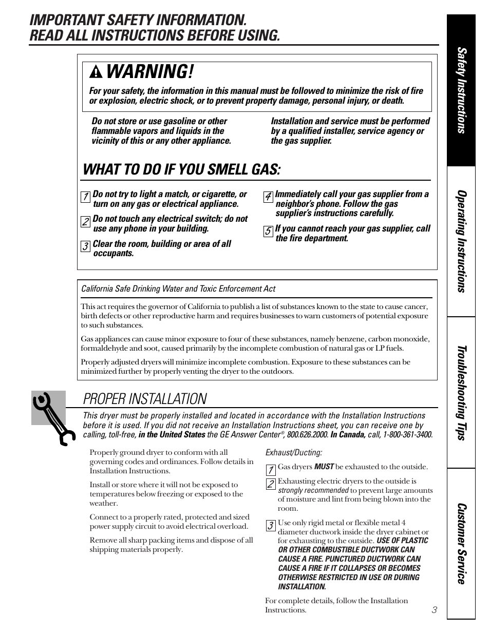 Safety information, Warning, What to do if you smell gas | Proper installation | GE 485 User Manual | Page 3 / 20